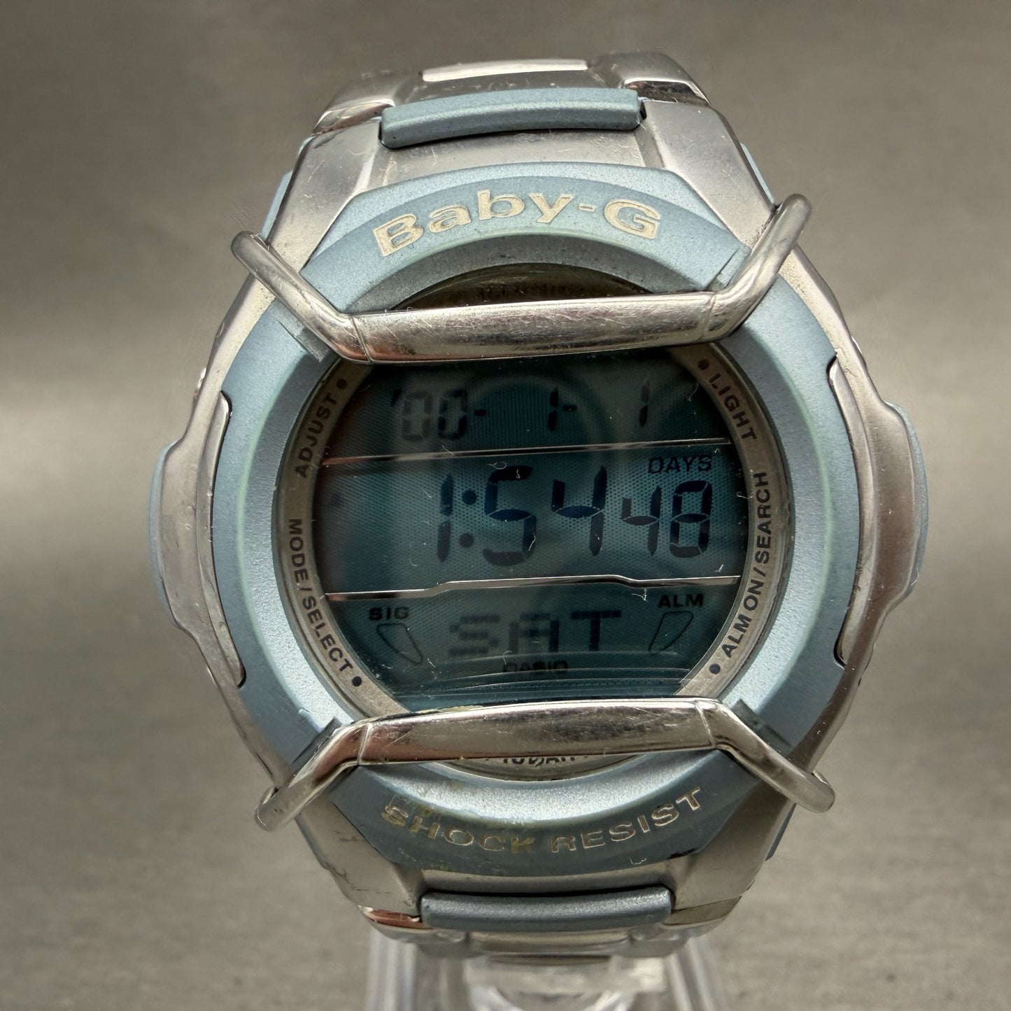 Casio Baby-G MSG-132 Watch Women 42mm Digital Blue Silver Alarm Chrono New batt0