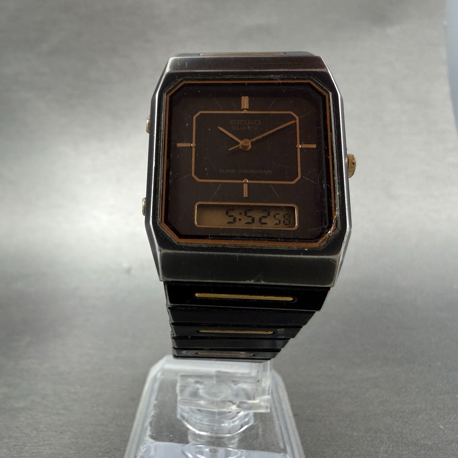 Seiko Analog Digital Watch Men 28mm Black Gold Alarm Chrono H601-5179 PARTS6