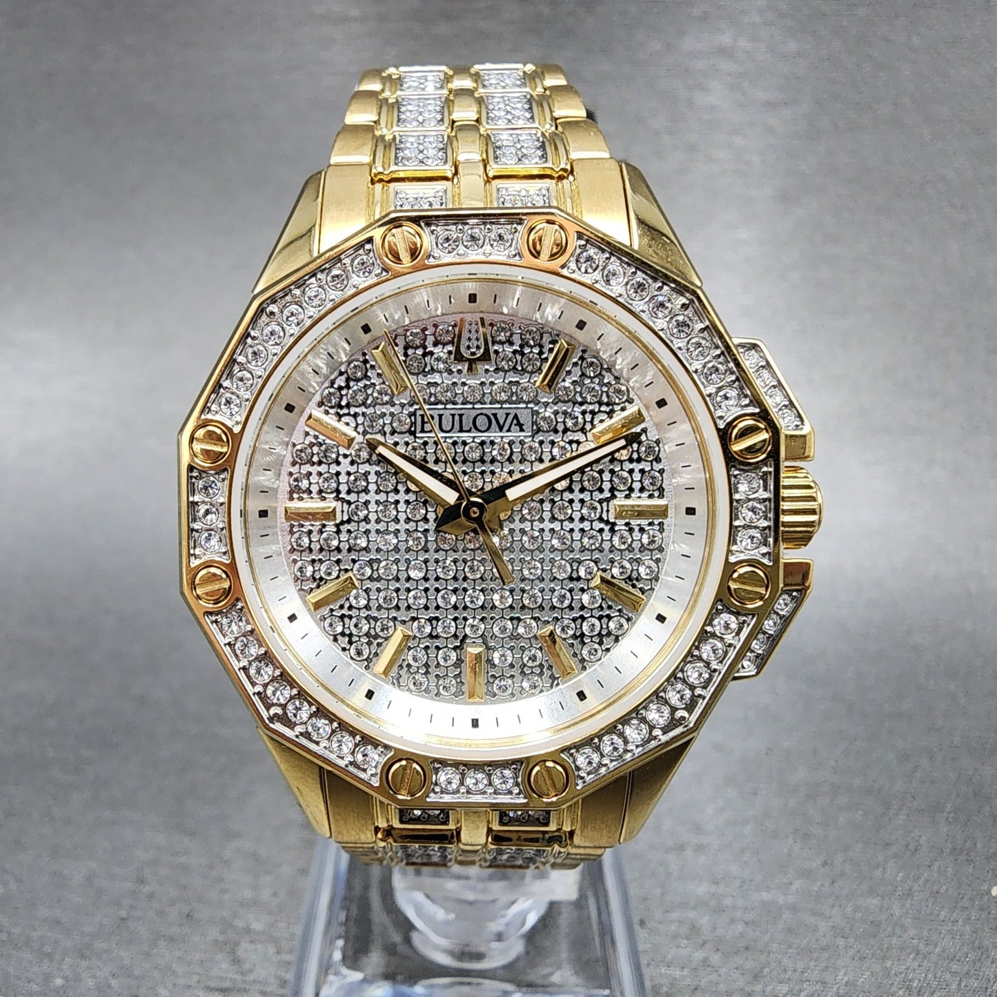 Bulova Octava Watch Women 36mm White Dial Gold Tone Octagon Crystal Accents0