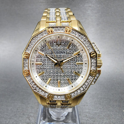Bulova Octava Watch Women 36mm White Dial Gold Tone Octagon Crystal Accents0