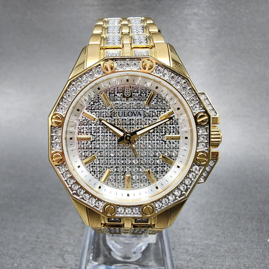 Bulova Octava Watch Women 36mm White Dial Gold Tone Octagon Crystal Accents0