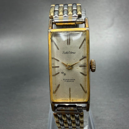 Seiko Venus Tank Watch Women 15mm Silver Dial Gold Tone 5514 Manual Runs Vintage0