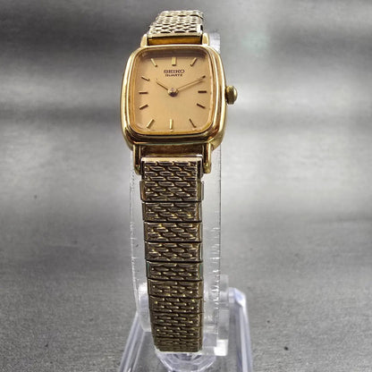 Seiko Watch Women 17mm Gold Dial Gold Tone Rectangle 1N00-5K29 New Battery VTG G5