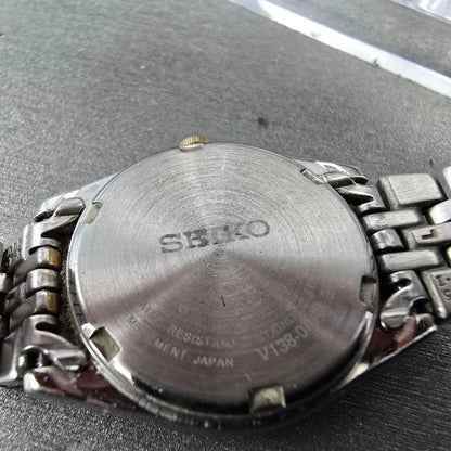 Seiko Solar Watch Women 26mm White Dial Two Tone Daydate Round V138-0AA0 Runs JT9