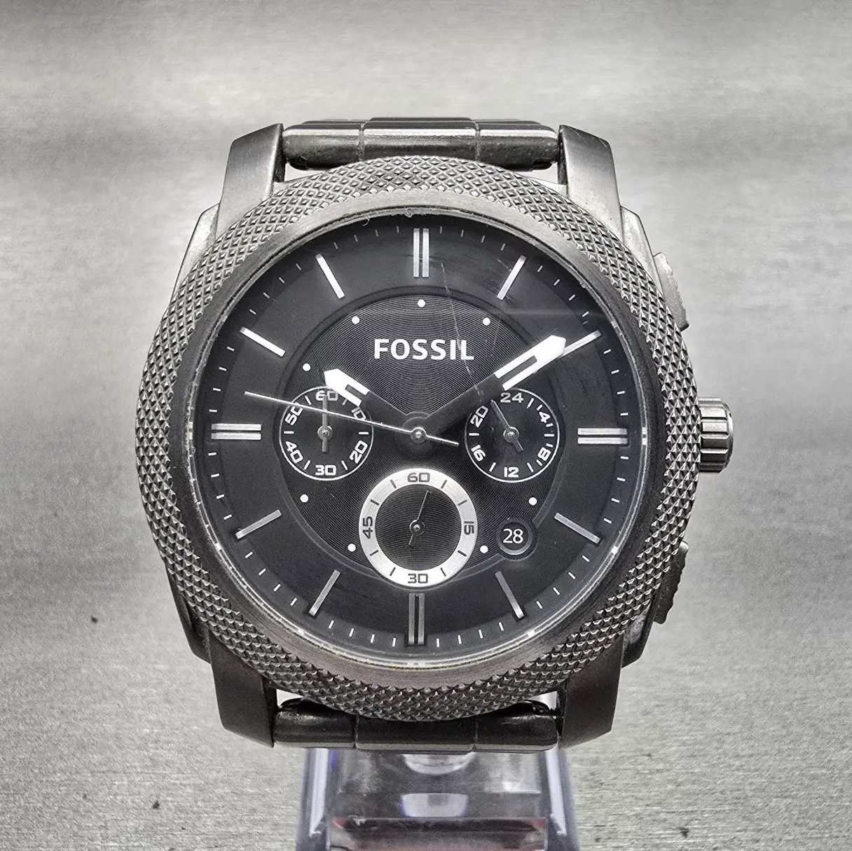 Fossil Machine Watch Men 45mm Black Dial Gray Tone Chrono Date FS4662 New Batt0