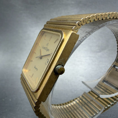 Lord Elgin Tank Watch Men 25mm Champagne Dial Gold Tone Date Rectangle New Batt2