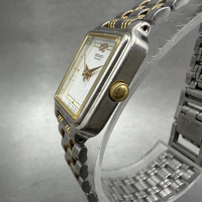 Seiko Tank Watch Women 18mm White Dial Two Tone Rectangle V401-5129 New BatteryB2