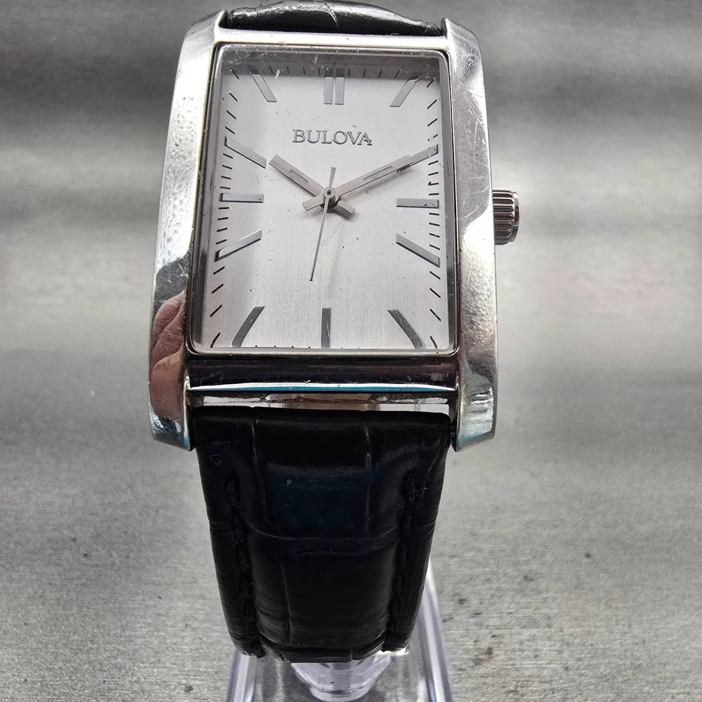 Bulova Watch Men 27mm Silver Dial Silver Tone Rectangle 96A156 New Battery5