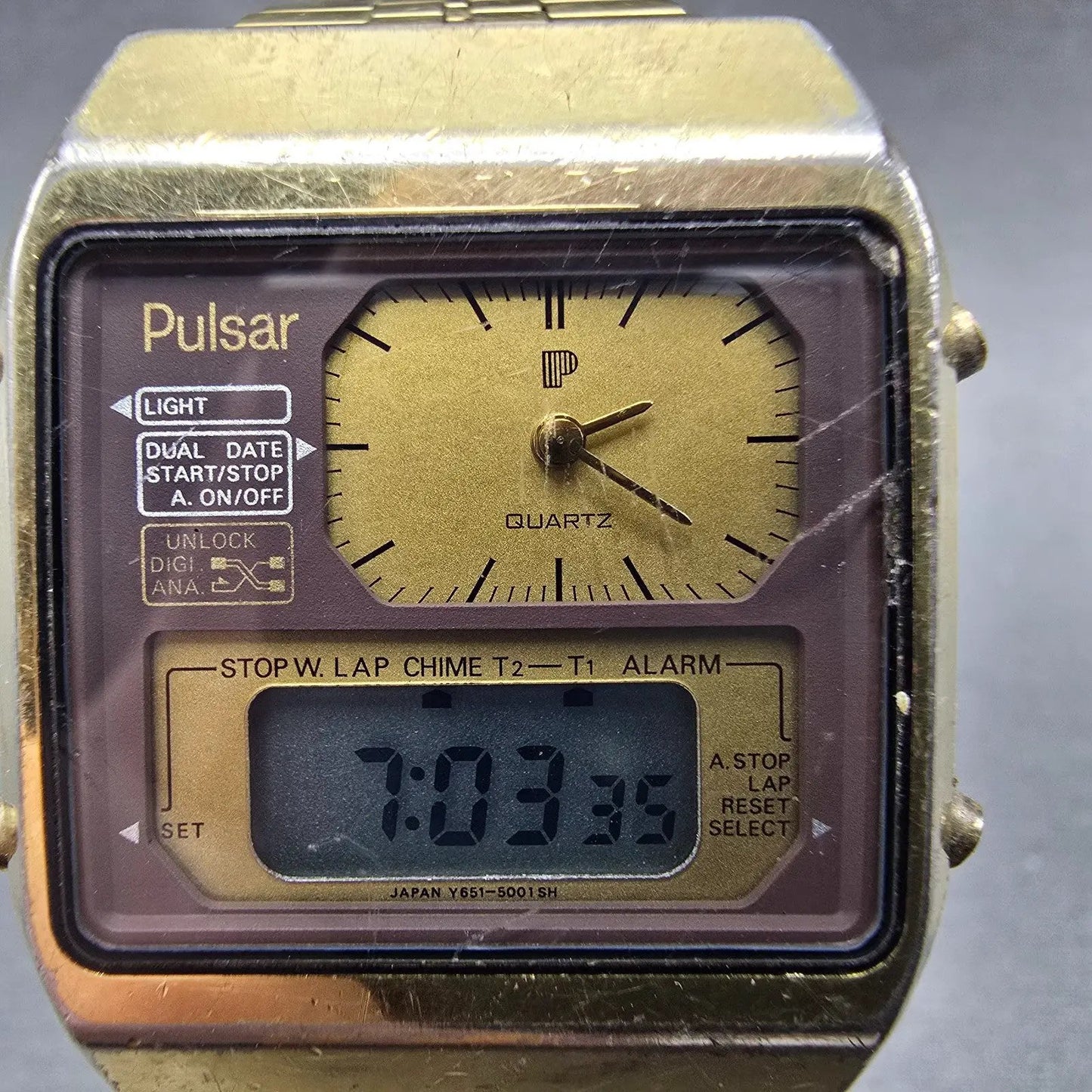 Pulsar Analog Digital Watch Men 32mm Gold Tone Alarm Chronograph Y651 New Battey1