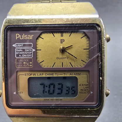 Pulsar Analog Digital Watch Men 32mm Gold Tone Alarm Chronograph Y651 New Battey1