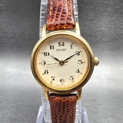 Seiko Watch Women 22mm Ivory Dial Gold Tone Round V401-1409 New Battery Vintage30