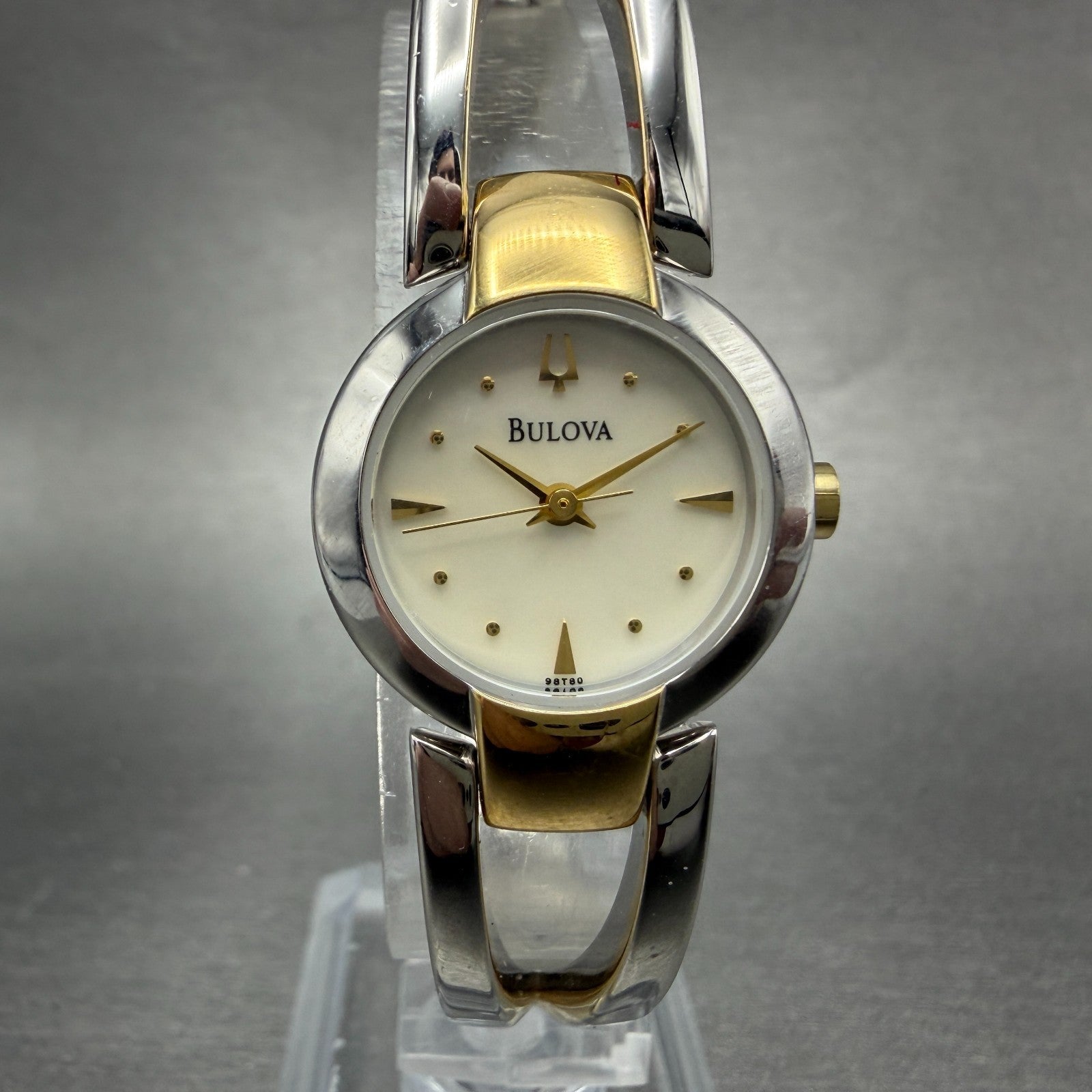 Bulova Watch Women 22mm MOP Dial Two Tone Round 98T80 Bangle New Battery ABCD1230