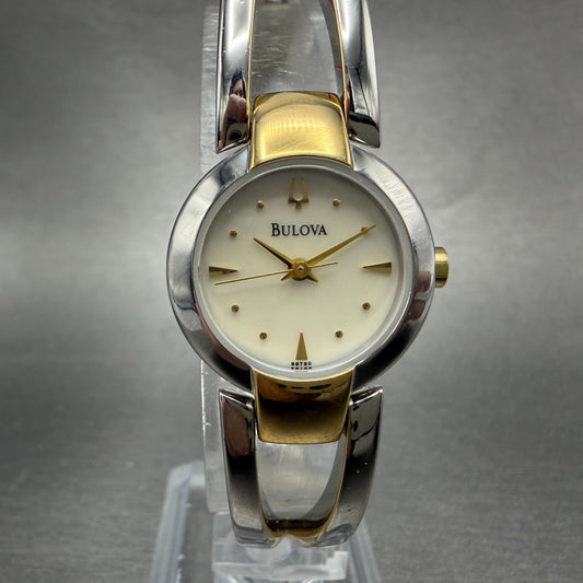 Bulova Watch Women 22mm MOP Dial Two Tone Round 98T80 Bangle New Battery ABCD1230