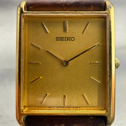 Seiko Watch Men 25mm Gold Dial Gold Tone Rectangle V700-5K30 New Battery Vintage1