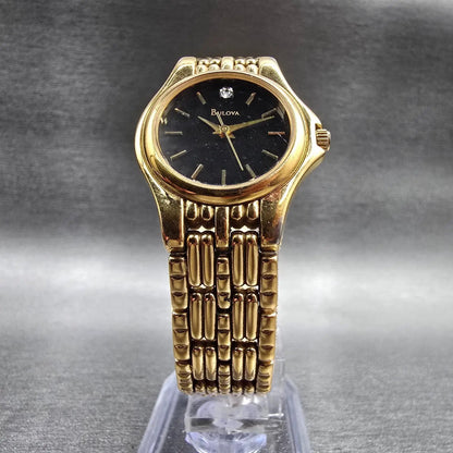 Bulova Watch Women 24mm Black Dial Gold Tone Round 97P43 New Battery5