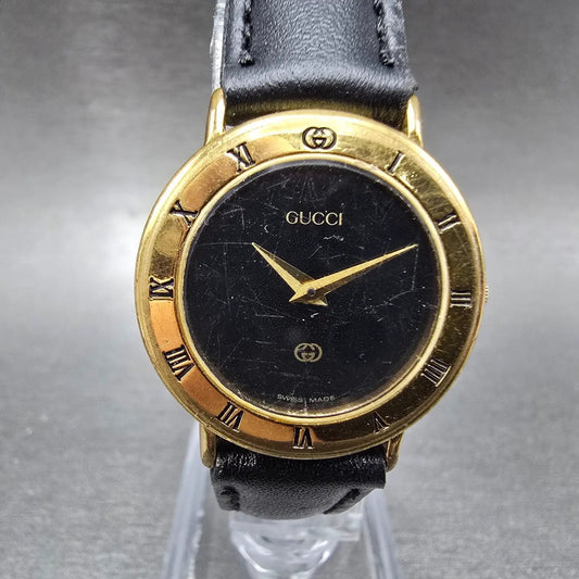 Gucci 3000L Watch Women 26mm Black Dial Gold Plated Round Leather New Battery A0