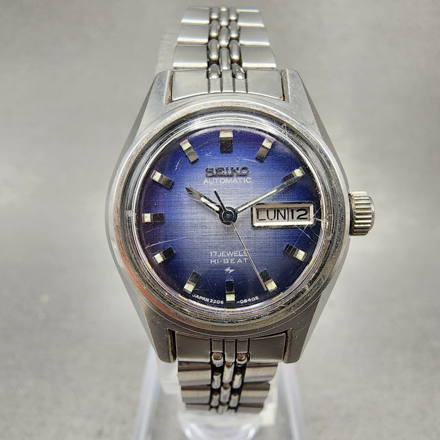 Seiko Automatic Watch Women 25mm Blue Dial Silver Tone Daydate READ!!! 2206 Runs0