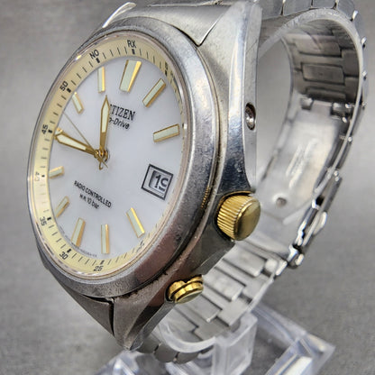Citizen Eco-Drive Watch Men 38mm Silver Dial Steel Date Atomic Runs H415-503303
