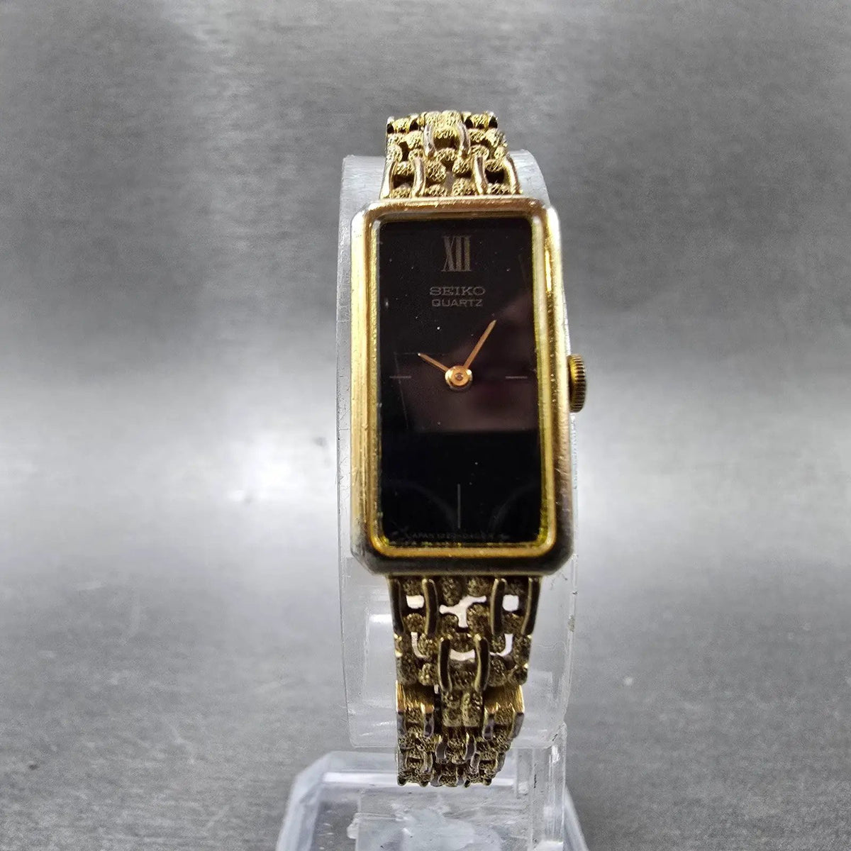 Seiko Tank Watch Women 13mm Black Dial Gold Rectangle 1320-5249 New Battery JP5