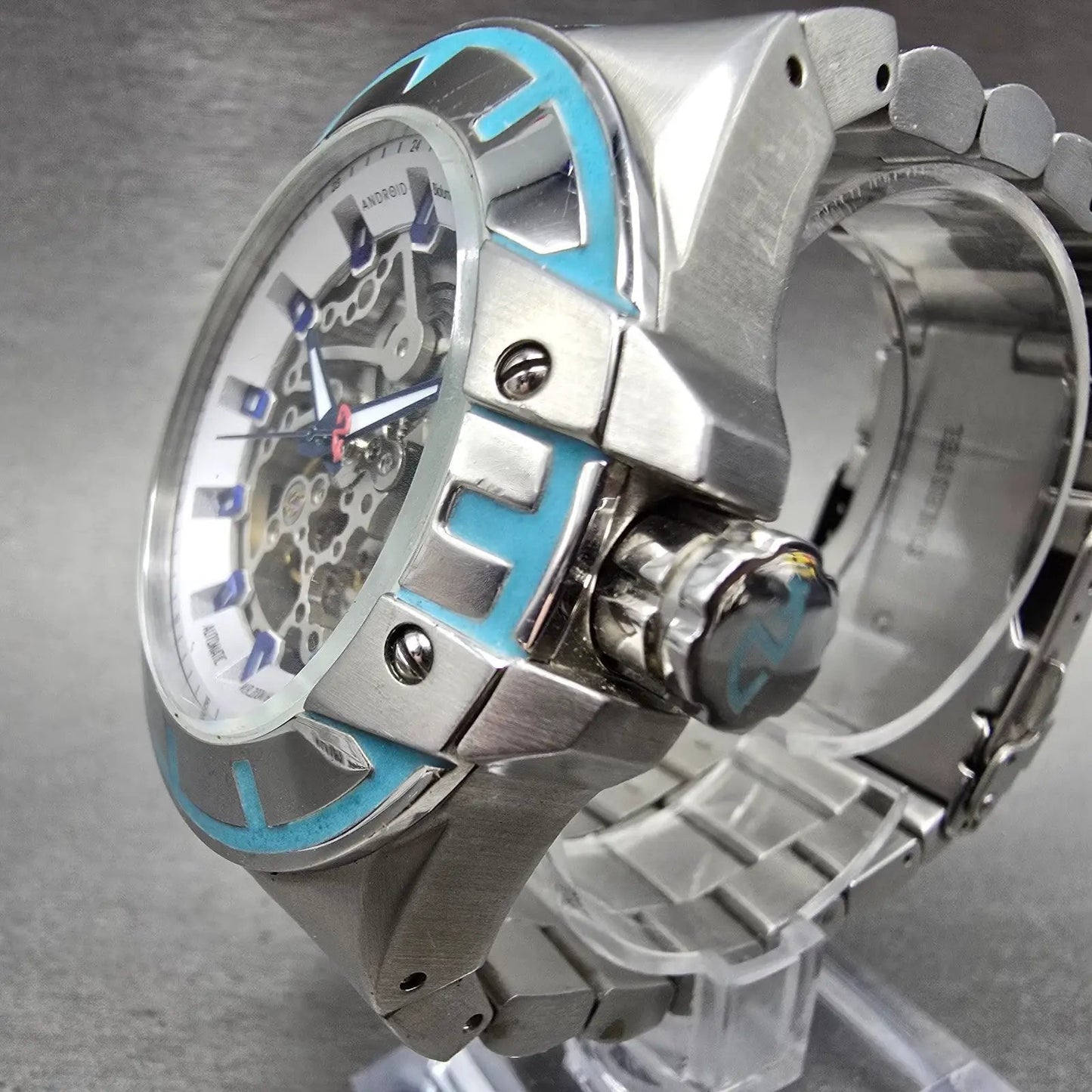 Android Bioluminescence Skeleton Automatic Watch Men 48mm Blue Dial Steel Runs2