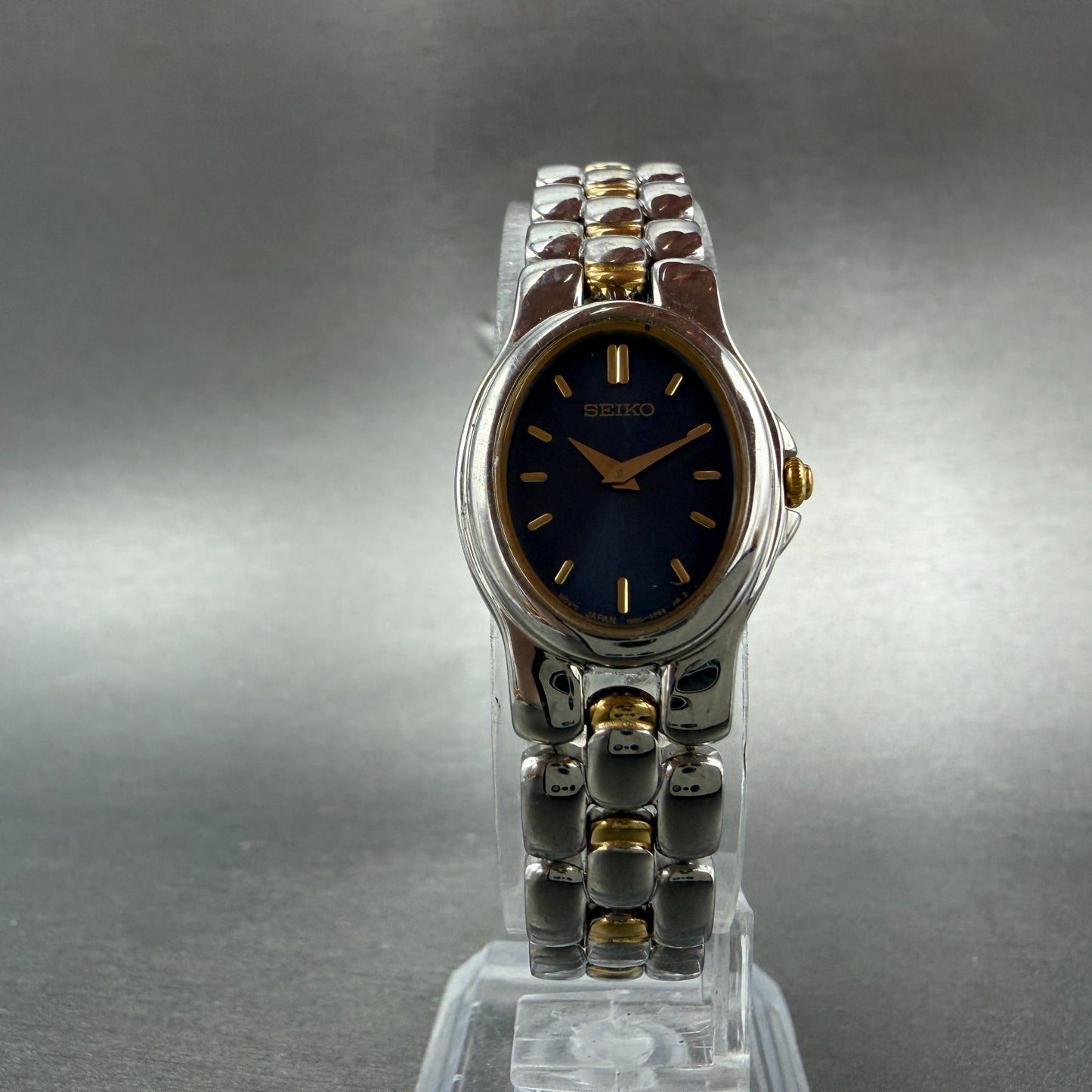 Seiko Watch Women 20mm Blue Dial Two Tone Oval 1N00-6T20 New Battery Vintage 55H5
