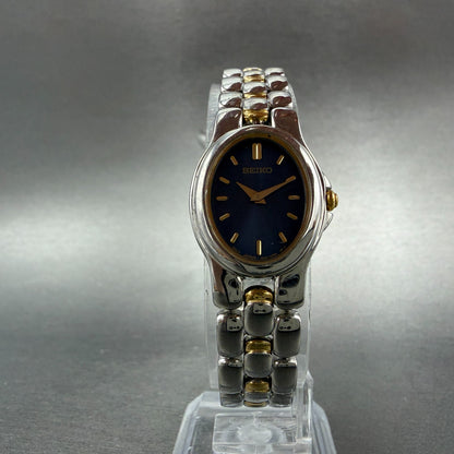 Seiko Watch Women 20mm Blue Dial Two Tone Oval 1N00-6T20 New Battery Vintage 55H5