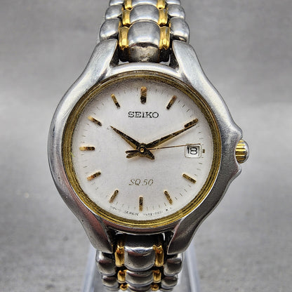 Seiko SQ 50 Watch Women 25mm White Dial Two Tone Date 7n820301 New Battery0