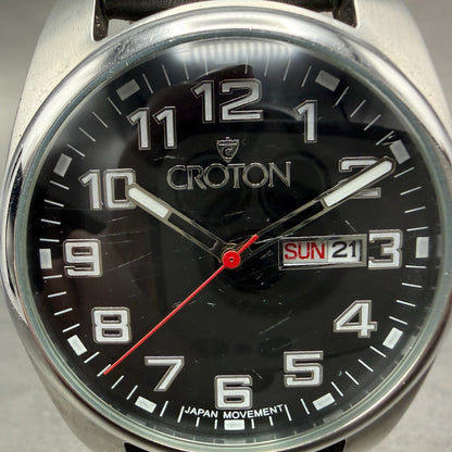 Croton Watch Men 44mm Black Dial Silver Tone Daydate Round New Battery1