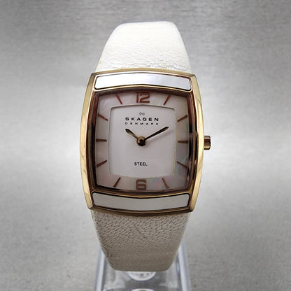 Skagen Tank Watch Women 24mm MOP White Rose Gold Tone Rectangle New Battery