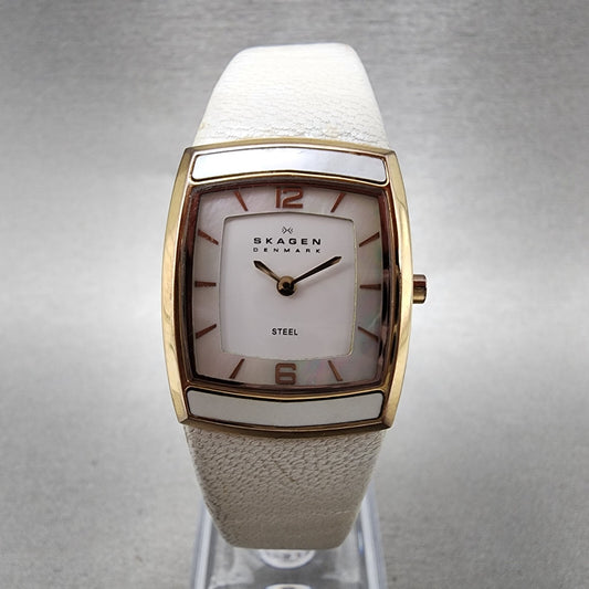 Skagen Tank Watch Women 24mm MOP White Rose Gold Tone Rectangle New Battery