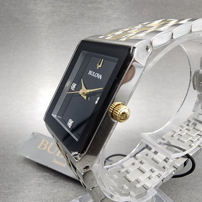 Bulova Quadra Tank Watch Women 21mm Black Dial Two Tone Rectangle 98P185 CHIPPED2