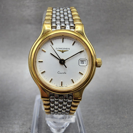 Longines Flagship Watch Women 24mm White Dial Two Tone Date Round 7291 New BattA0