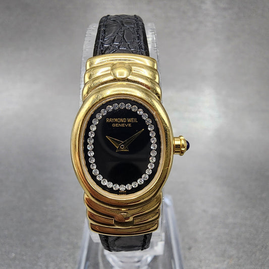 Raymond Weil Watch Women 17mm Black Dial Gold Plated Oval 3765 New Battery