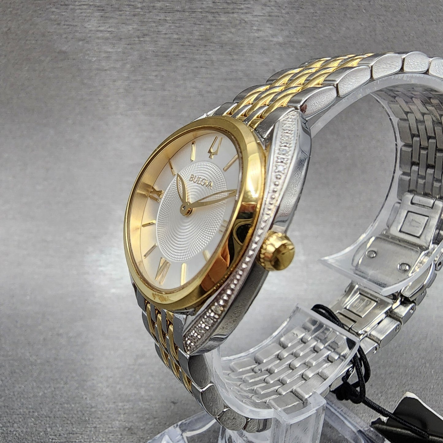 Bulova Diamond Watch Women 30mm Silver Dial Two Tone Diamond Bezel Round 98R2962