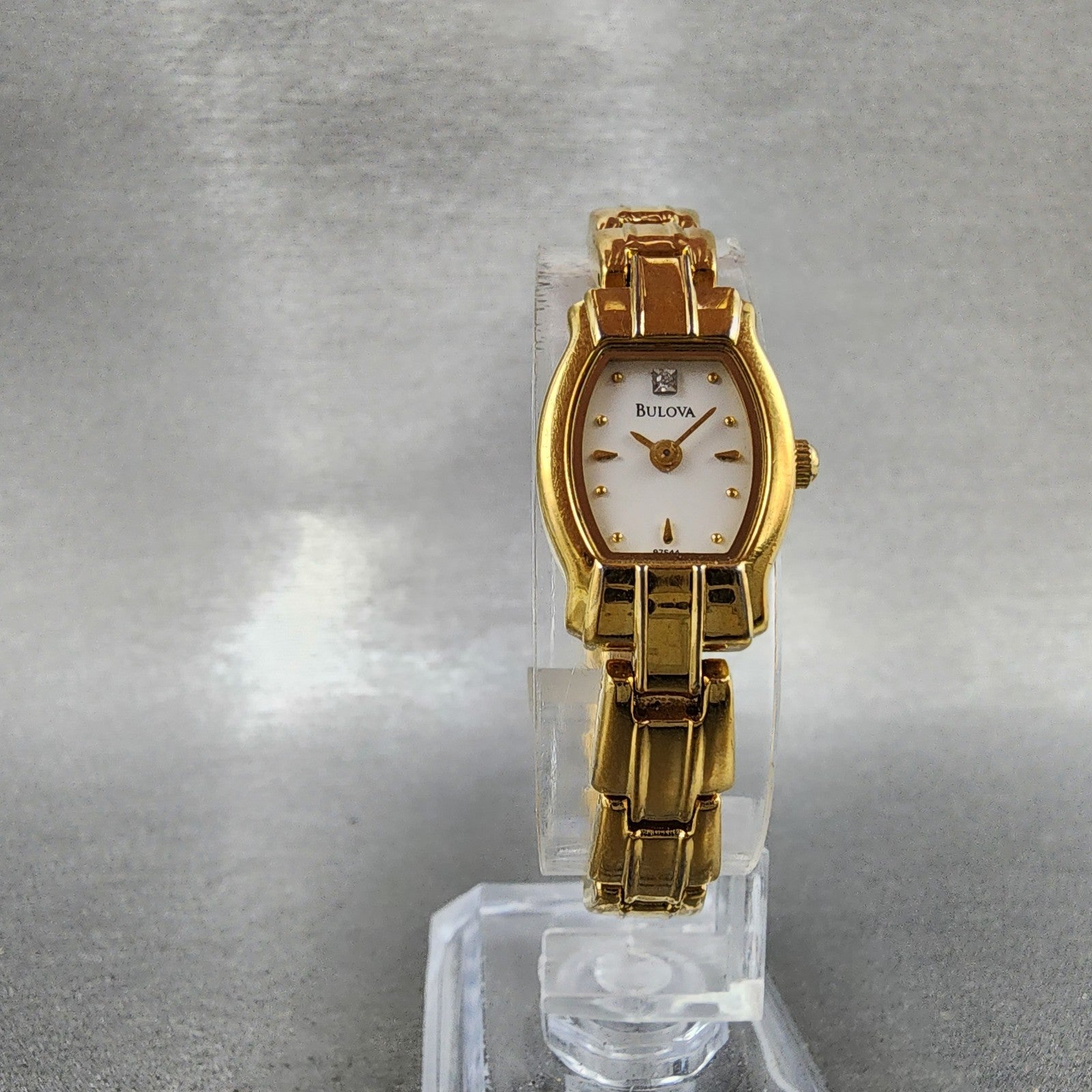 Bulova Watch Women 15mm White Dial Gold Tone Rectangle 97S44 New Battery5