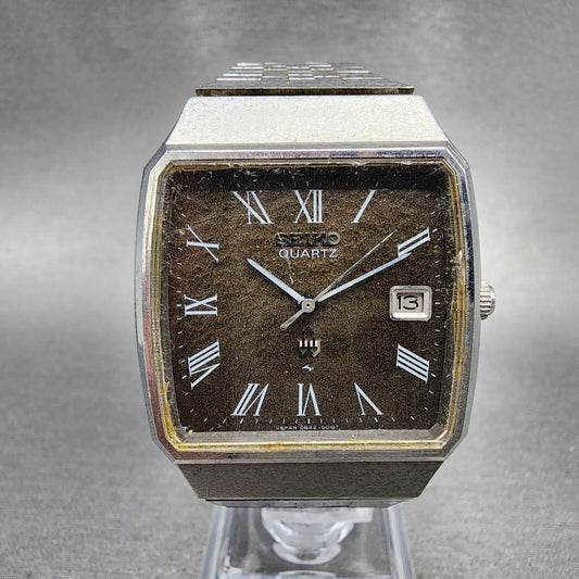 Seiko Watch Men 33mm Brown Dial Silver Tone Date Rectangle 0842-5010 New Battery