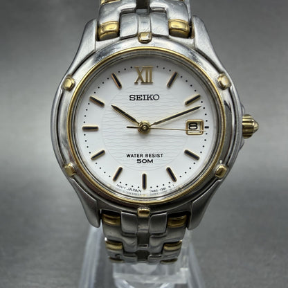 Seiko Watch Women 26mm White Dial Two Tone Date Round 7n82-0599 New Battery JGKP0