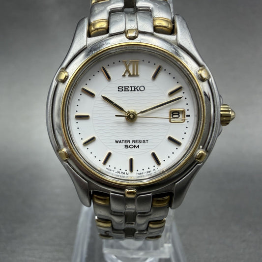 Seiko Watch Women 26mm White Dial Two Tone Date Round 7n82-0599 New Battery JGKP0