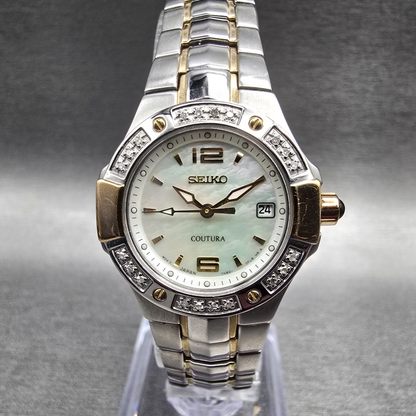 Seiko Coutura Watch Women 26mm MOP Dial Two Tone Date Gemmed 7N82-0CG0 New Batt0