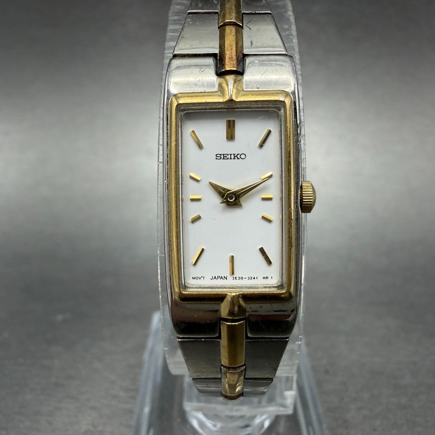Seiko Tank Watch Women 13mm White Dial two Tone Rectangle 2E20-0AY0 New BatteryK0