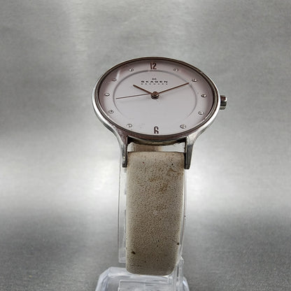 Skagen Watch Women 30mm White Dial Steel Round Leather Band SKW2145 New Battery5