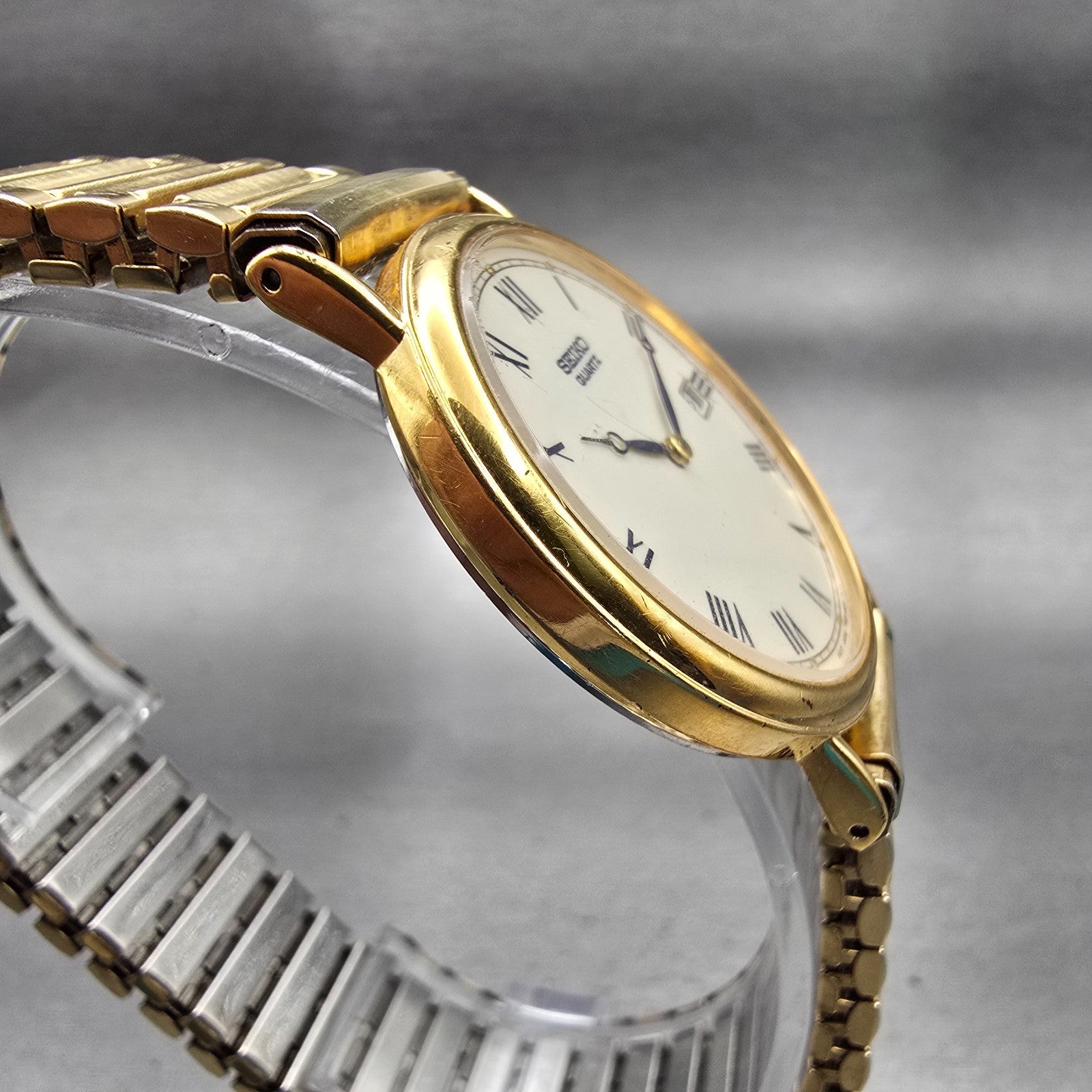 Seiko Watch Men 34mm Cream Dial Gold Tone Date Round 7N29-8A09 New Battery VTG3