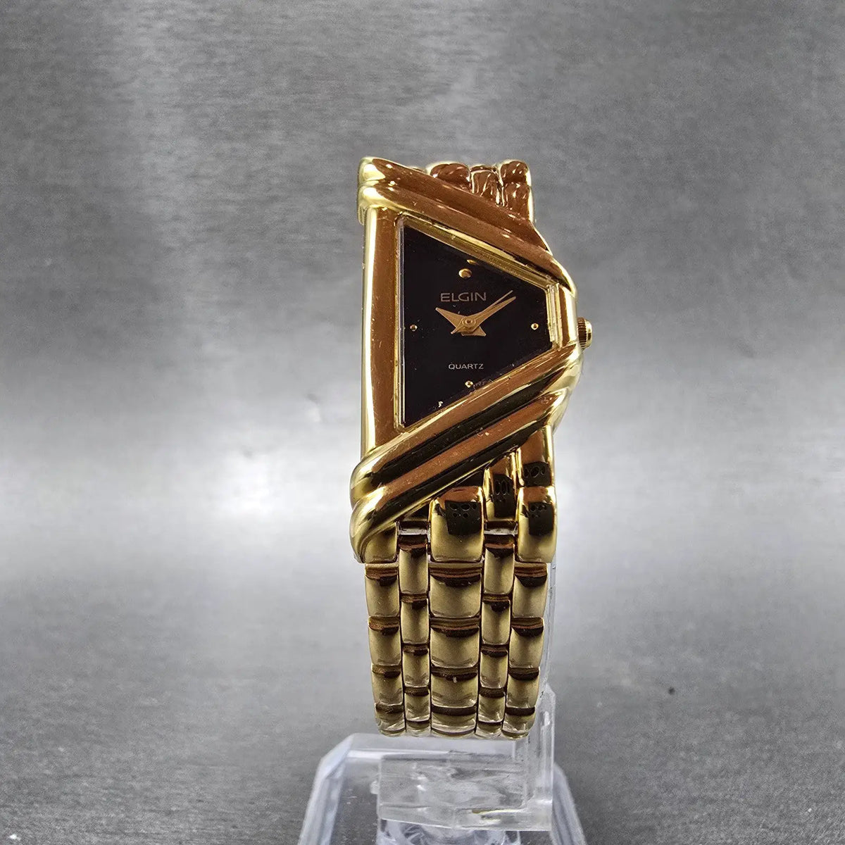 Elgin Half Moon Watch Women 18mm Black Dial Gold Asymmetrical VTG New Battery5