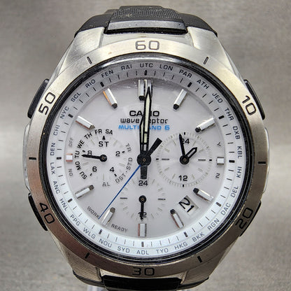 Casio Wave Ceptor Watch Men 43mm White Dial Black Tone Date Chrono Solar Runs1
