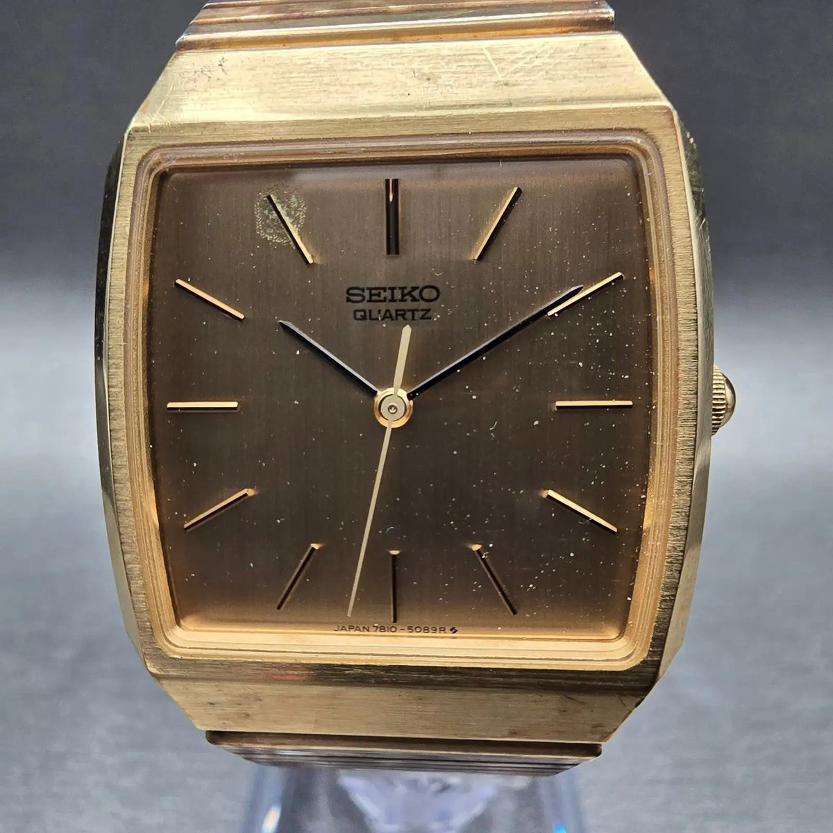 Seiko Watch Men 30mm Gold Dial Gold Tone Rectangle 7810-5089 New Battery Vintage1