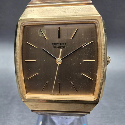 Seiko Watch Men 30mm Gold Dial Gold Tone Rectangle 7810-5089 New Battery Vintage1