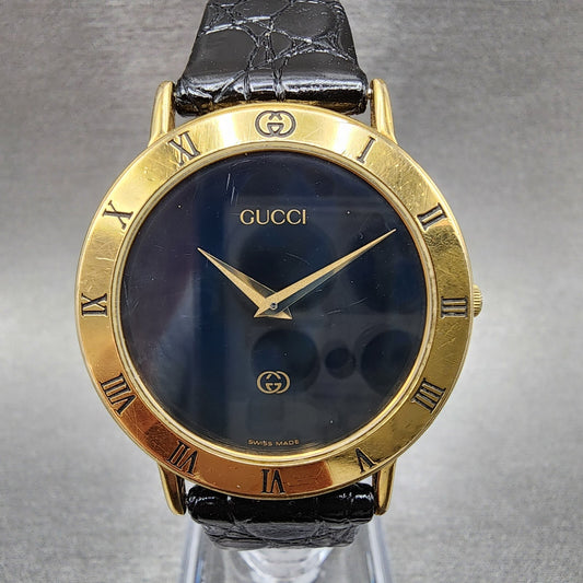 Gucci 3000M Watch Men 33mm Black Dial Gold Plated Round Leather Band New Battery0