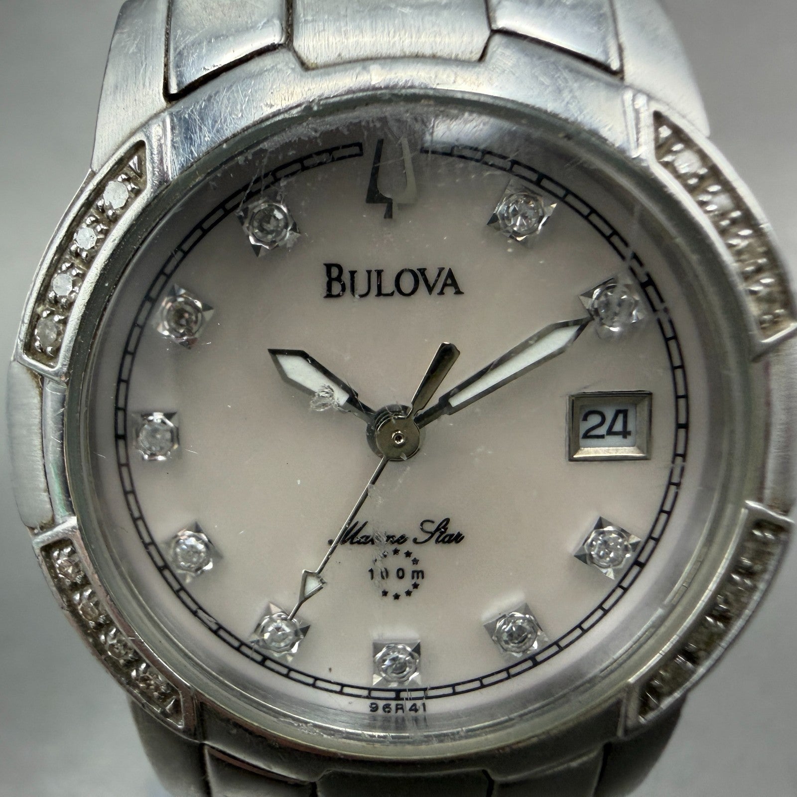 Bulova Marine Star Watch Women 27mm MOP Dial Steel Date Round 96R41 New Battery1