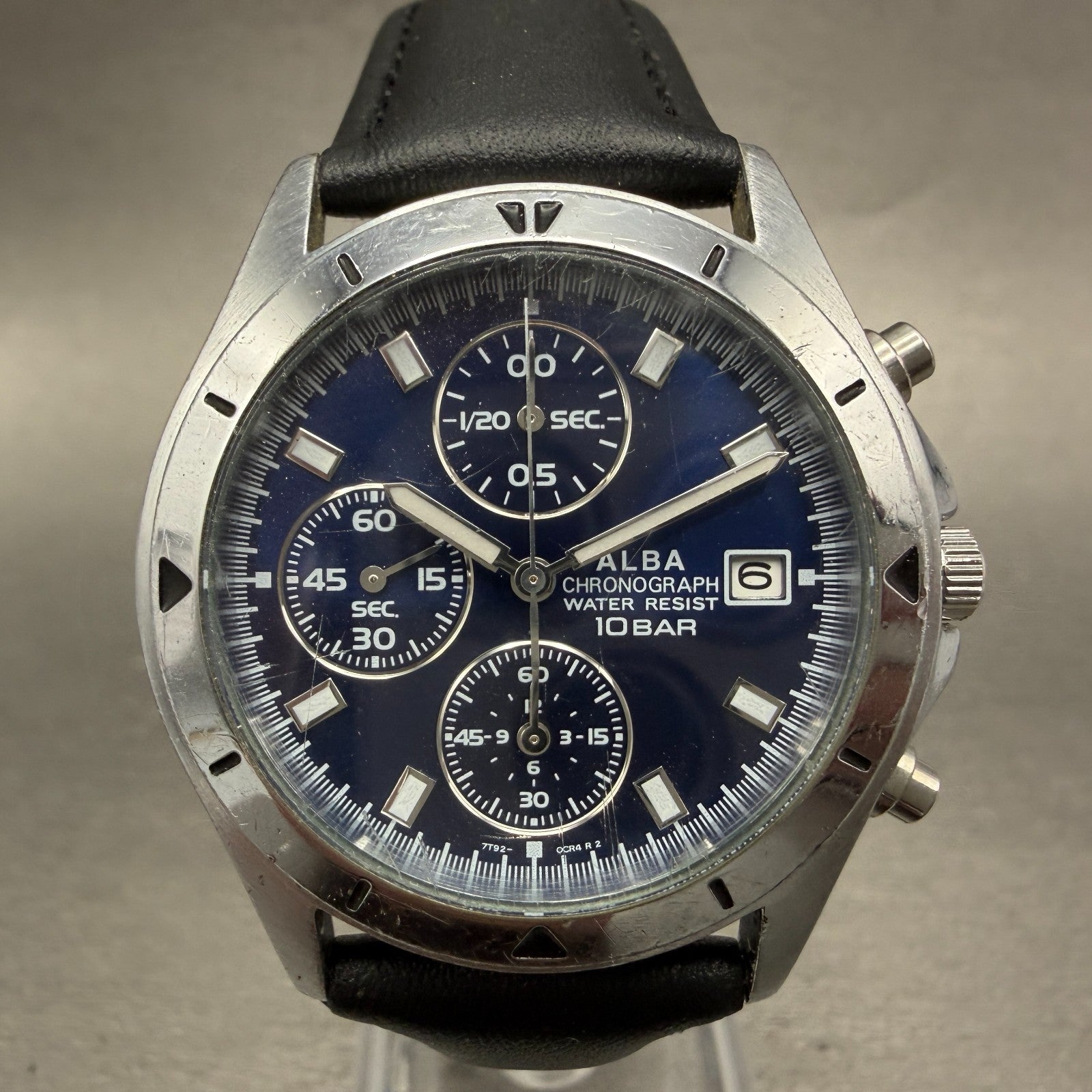Seiko Alba Chronograph Watch Men 37mm Blue Dial Steel Date 7T92-0CV0 New Battery0