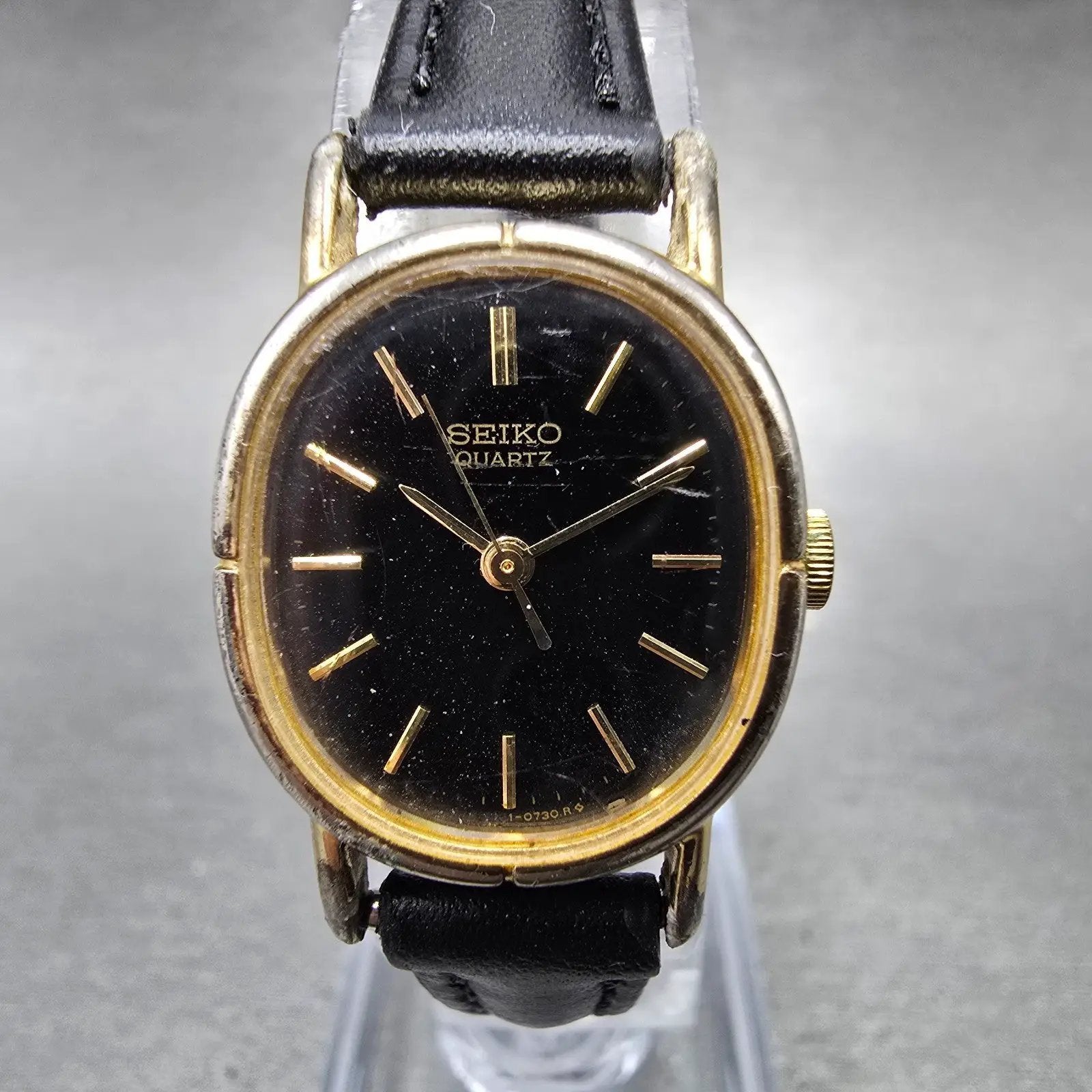 Seiko Watch Women 20mm Black Dial Gold Tone Oval 3421-5320 New Battery Vintage0